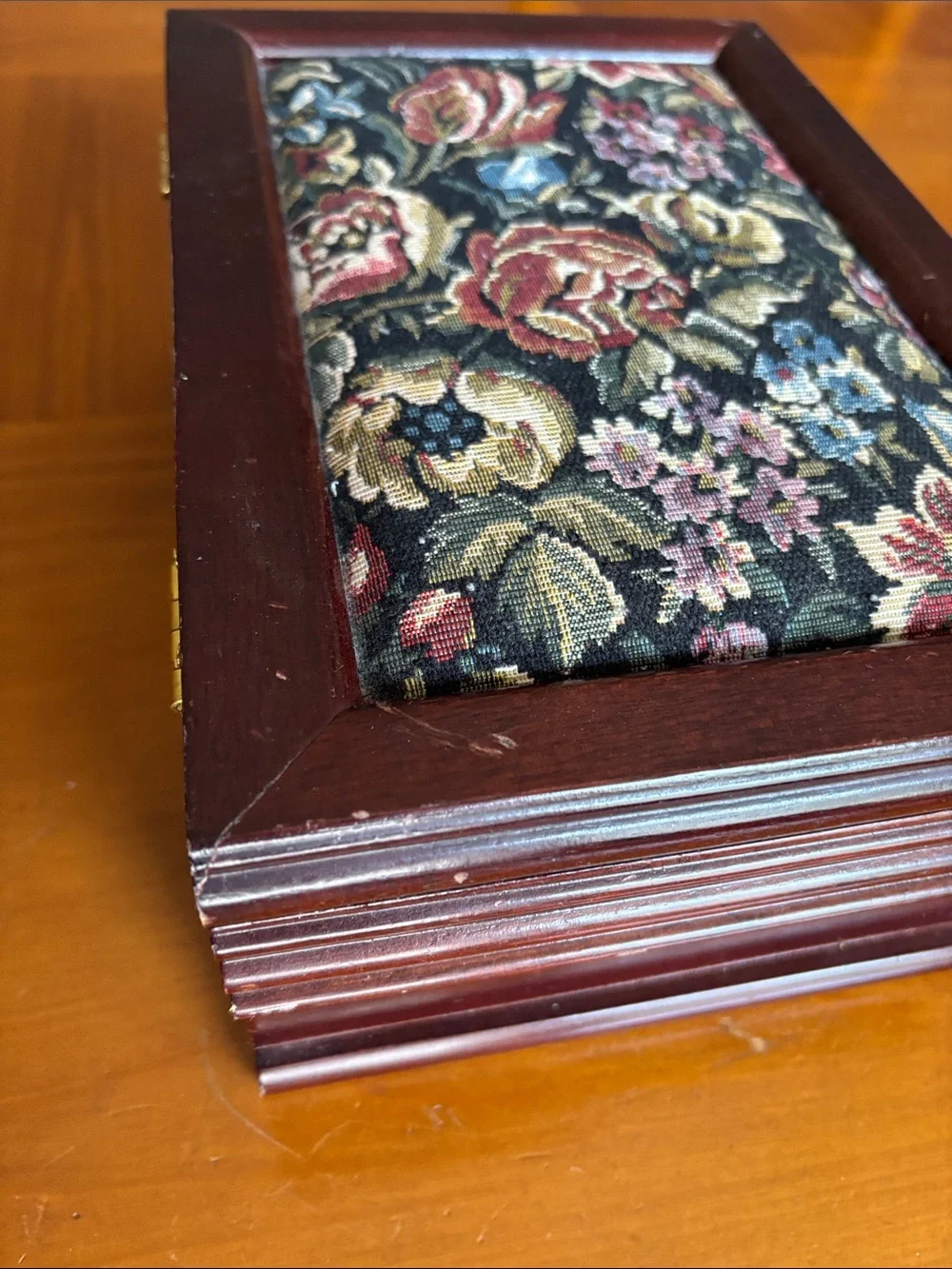 Vintage Wooden Jewelry Box Floral Needlepoint Tapestry Top Brown Burgundy